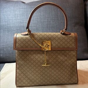 Celine Tan Brown Triomphe Canvas Top Handle Satchel, Gold Hardware AUTHENTIC